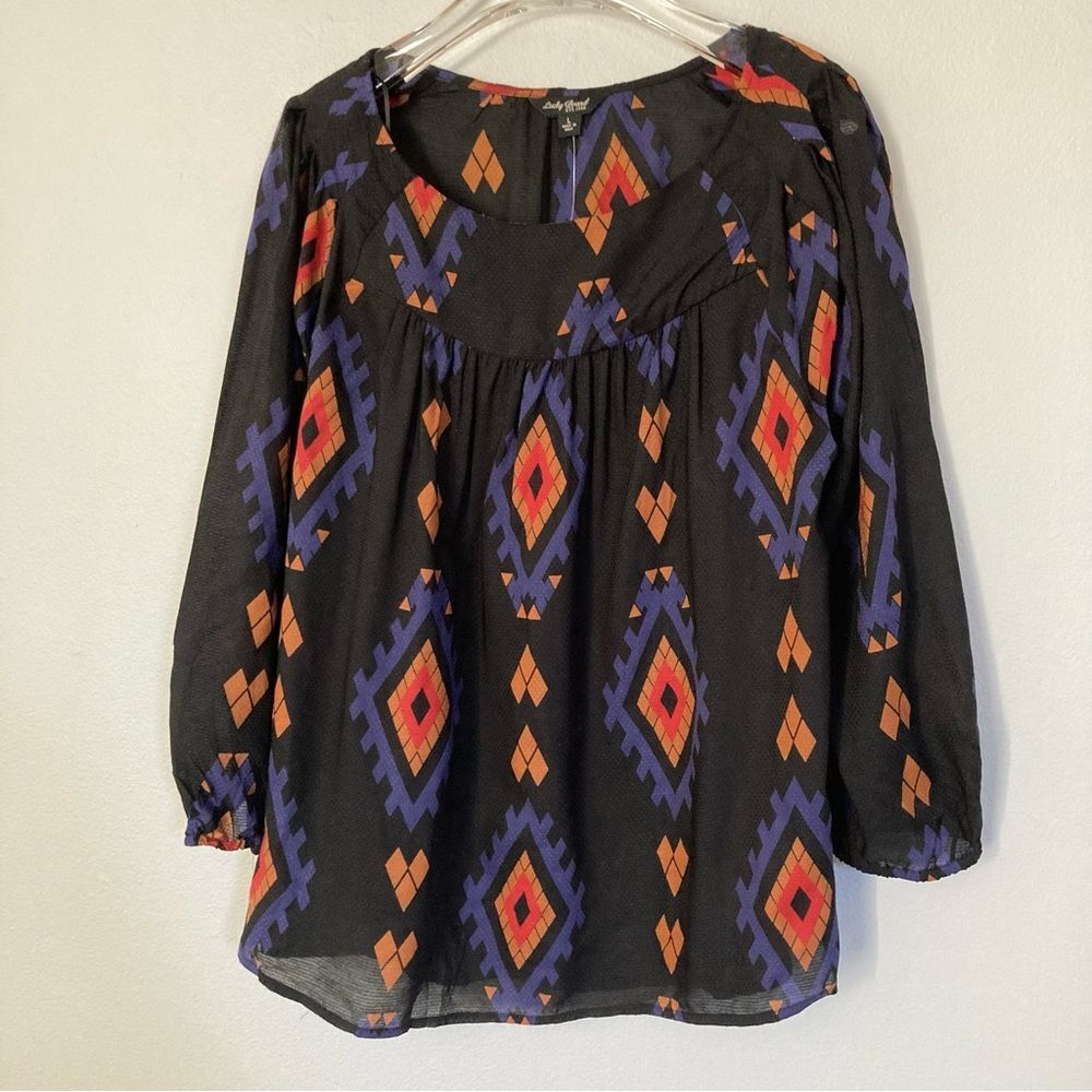 Lucky Brand Blouse Large Black Aztec Graphic Boho Print Pleated Gathered